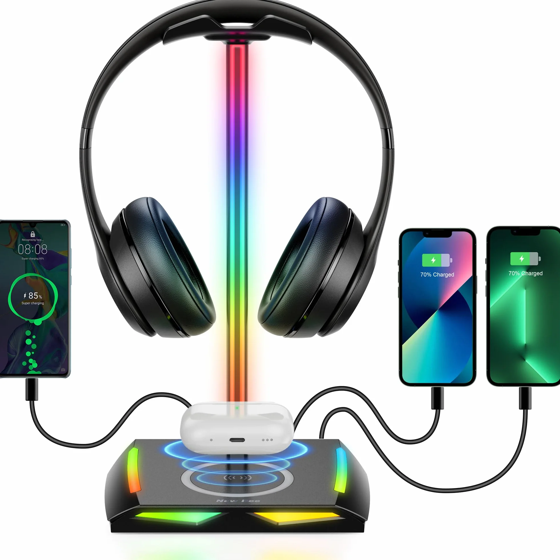New Bee Soporte Auriculares con Cargador inalámbrica, RGB Soporte Cascos con Cargador 1* USB 2*Tipo C, Universal Soporte con Wireless Charge, para Juego Negro