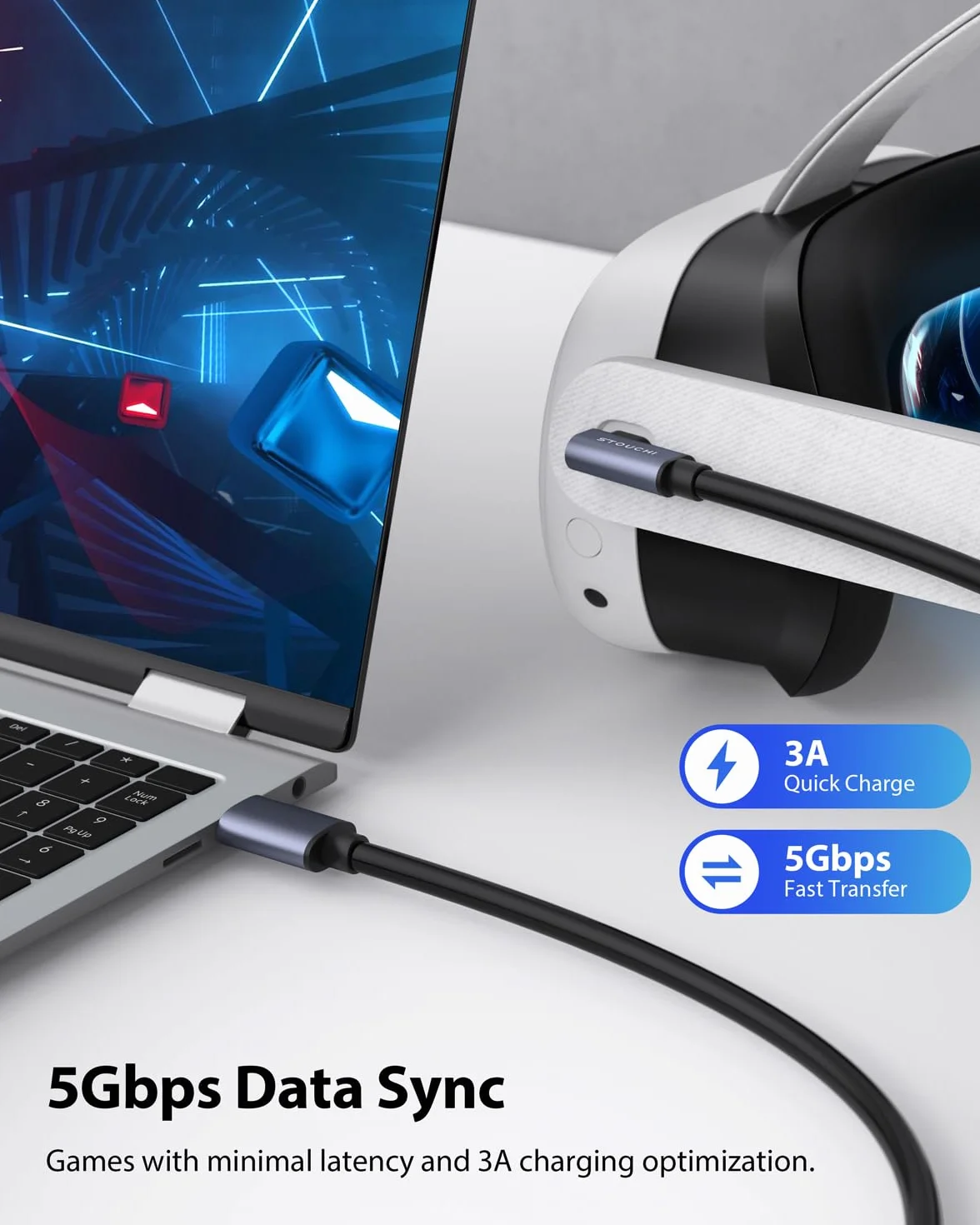 Stouchi Cable de Link 5M Compatible con Meta/Oculus Quest3/2/Pro,PICO 4 Accessories PC/Steam VR, VR Headset Cable High Speed ​​PC Datos Transferencia Carga rápida USB 3.0 a USB C Cable para Gaming PC