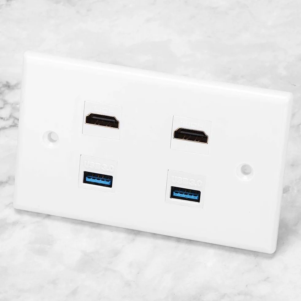 Fditt 2 puertos HDMI y USB Placa de panel de pared Keystone HDMI Hembra a hembra Hebilla de montaje Salida de pared Cargador USB Placas de pared con tapa