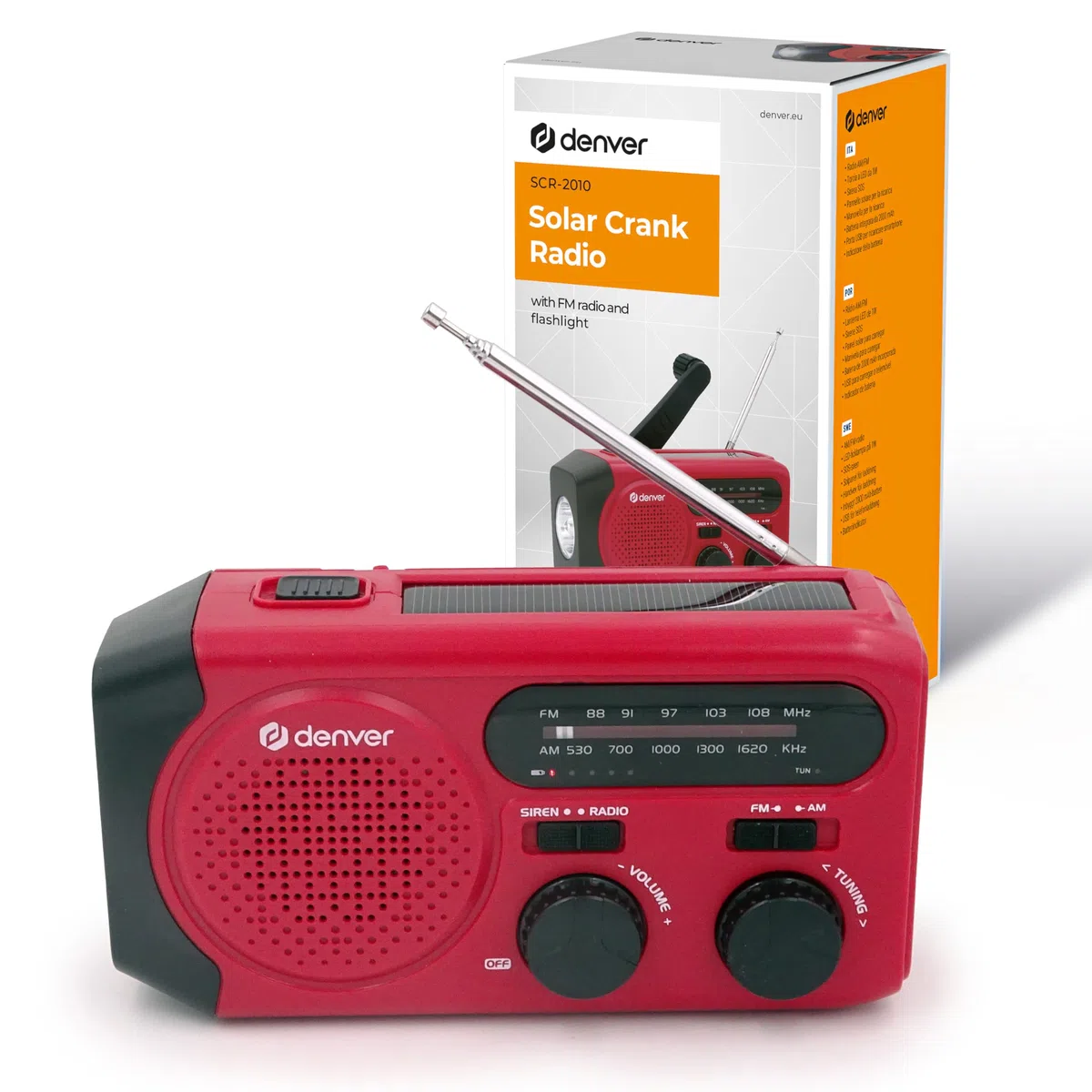 Denver SCR-2010MK2 Radio Solar de Emergencia con Manivela, Am/FM, Linterna LED 1W, Sirena SOS, Batería Recargable 2000 mAh, USB-C/USB-A, Funciona con Pilas AAA, para Apagones y Camping