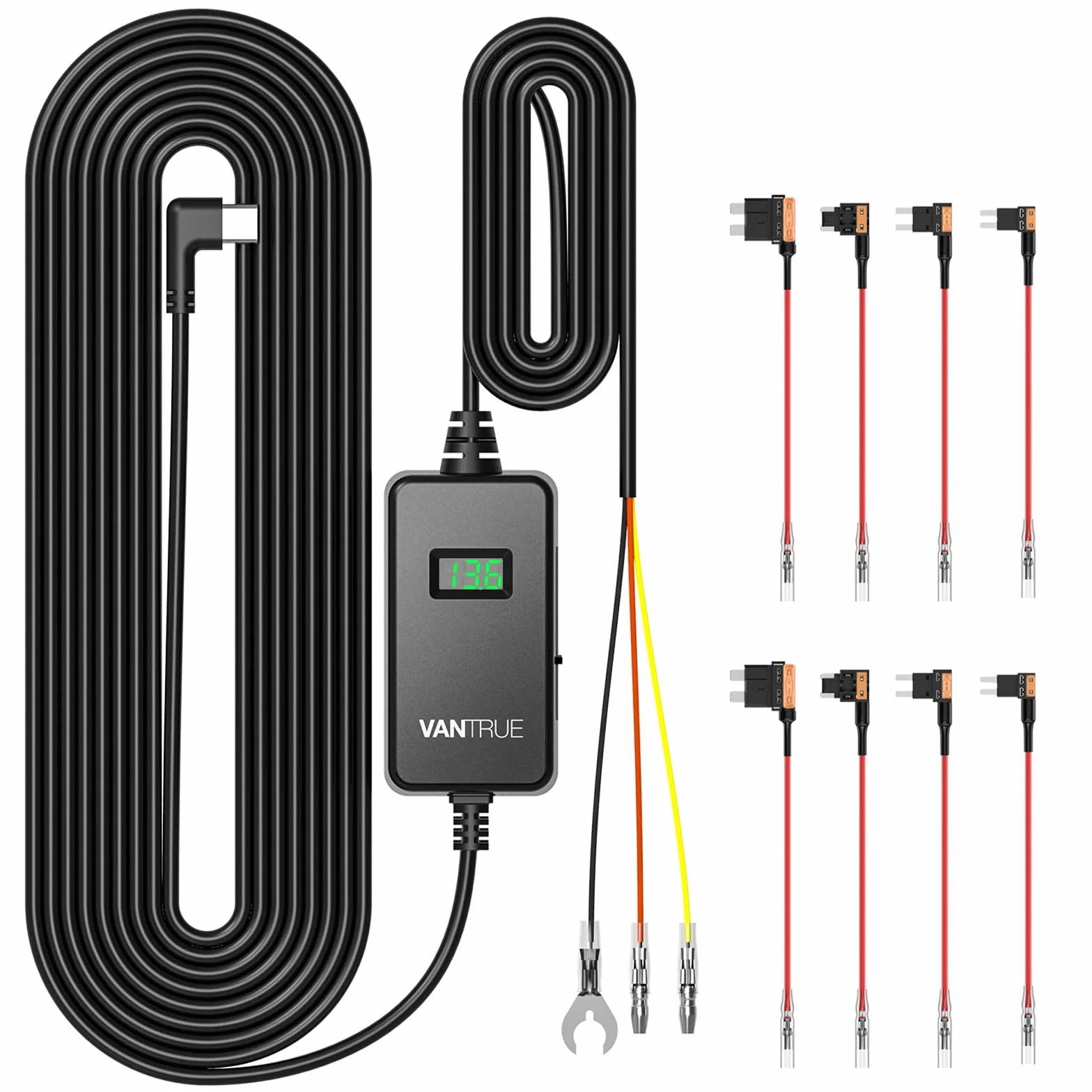 VANTRUE USB-C Display Hardwire Kit con 3 Stages Acc Cable para Dash CAM 11.6/23.6V 12/24V 12.4/24.4V a 5V Portafusibles con protección de bajo Voltaje 24H. Modo de estacionamiento
