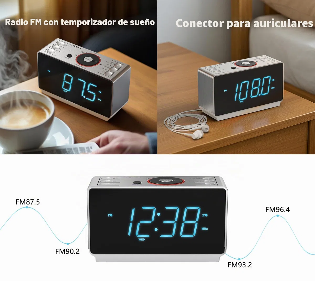 iTOMA Radio Despertador con Altavoz Bluetooth, Radio FM, Doble Alarma con Snooze, Gran Pantalla LED, Control de Atenuación, Salida de Larga USB y Luz Nocturna CKS708