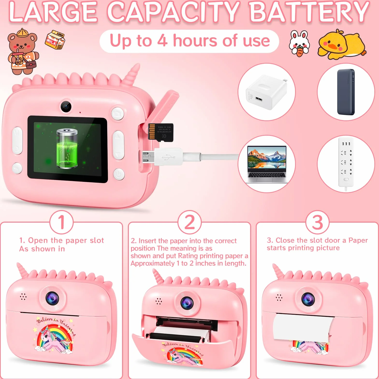 Camara Fotos Infantil Instantanea, 2.4" HD 1080P Cámara para Niños con Tarjeta SD de 32GB,Bolígrafos de Colores y Papel de Impresión,Regalos Juguete
