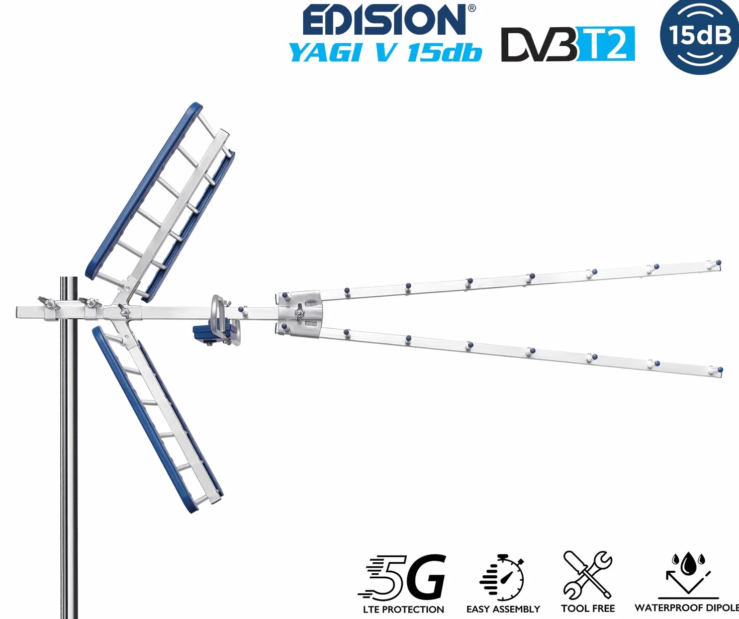 EDISION YAGI V 15db Antena TDT UHF 21-48 Exterior Digital Terrestre, con Filtro LTE 5G, Ideal para recepción de Televisión Digital Terrestre DVB-T/T2,Frecuencias 470-694Mhz,Longitud 105cm,LTE700,Azul