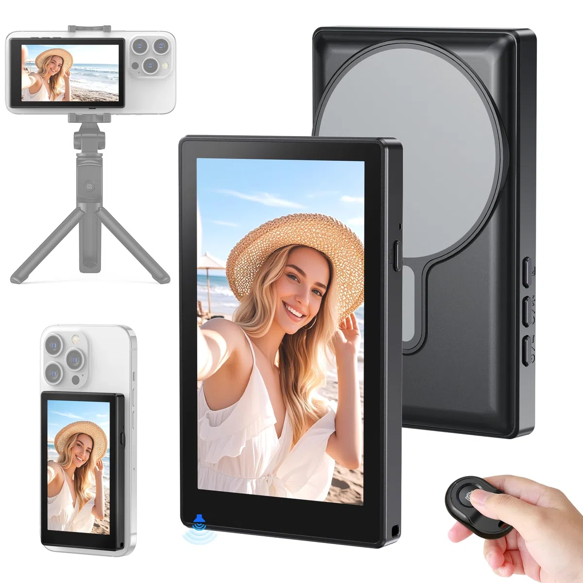 Monitor de teléfono para vlog y selfie, Axrye 1080P inalámbrico con cámara trasera de fijación magnética, altavoz incorporado y control remoto compatible con iOS, Android, YouTube, TikTok