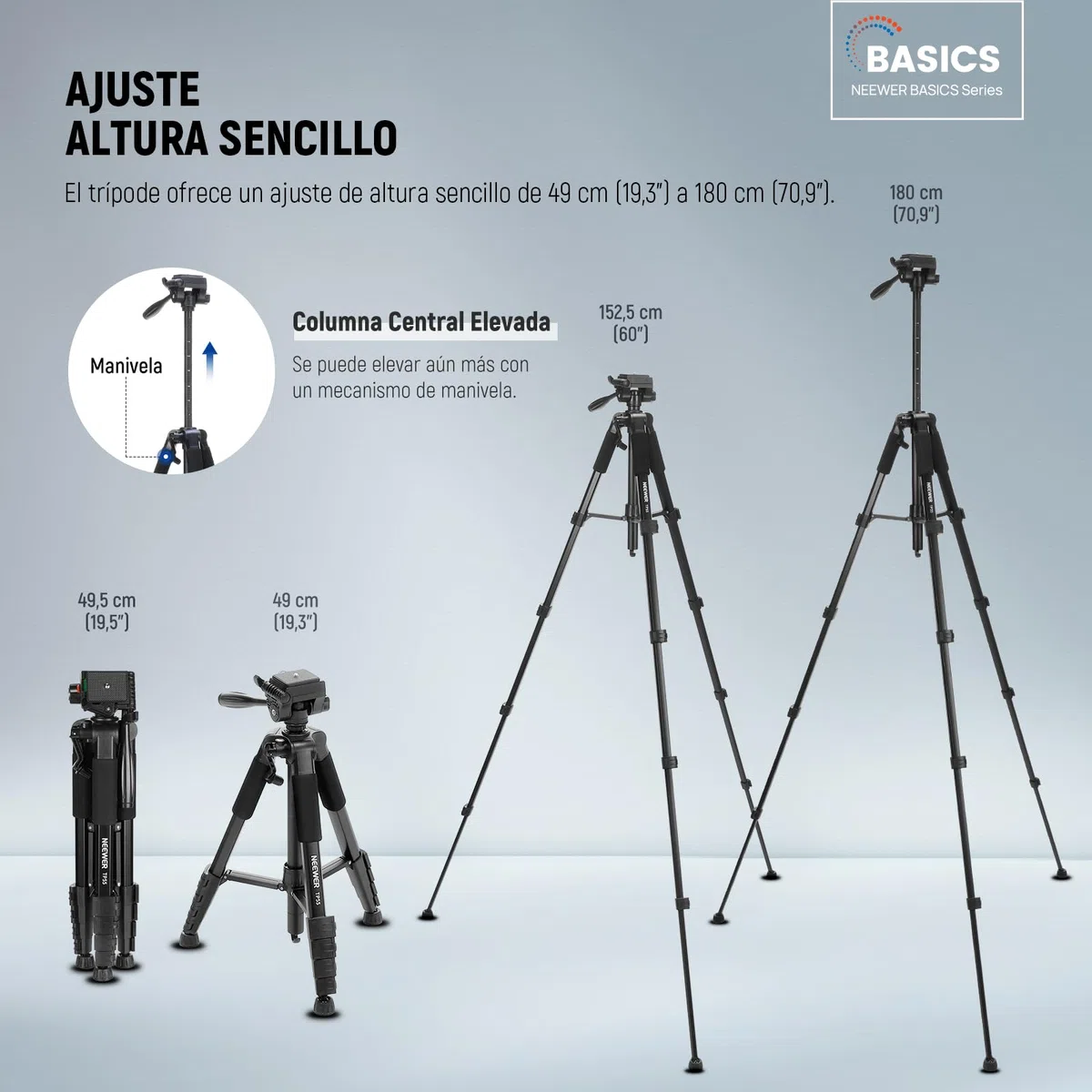 NEEWER BÁSICO Trípode Cámara, 71'' Trípode con Soporte Móvil Montaje Compatible con iPhone para Grabación Vídeo, Soporte Viaje Portátil Ligero Profesional Aluminio con 3 Way Pan Tilt Head, TP55