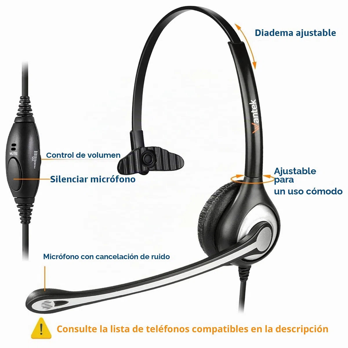 Auriculares Teléfono Fijo RJ9 Mono, Micrófono con Cancelación de Ruido, Quick Disconnect, WANTEK Cascos con Control de Volumen para ShoreTel Plantronics Polycom NEC Nortel Norstar Meridian(600QS2)