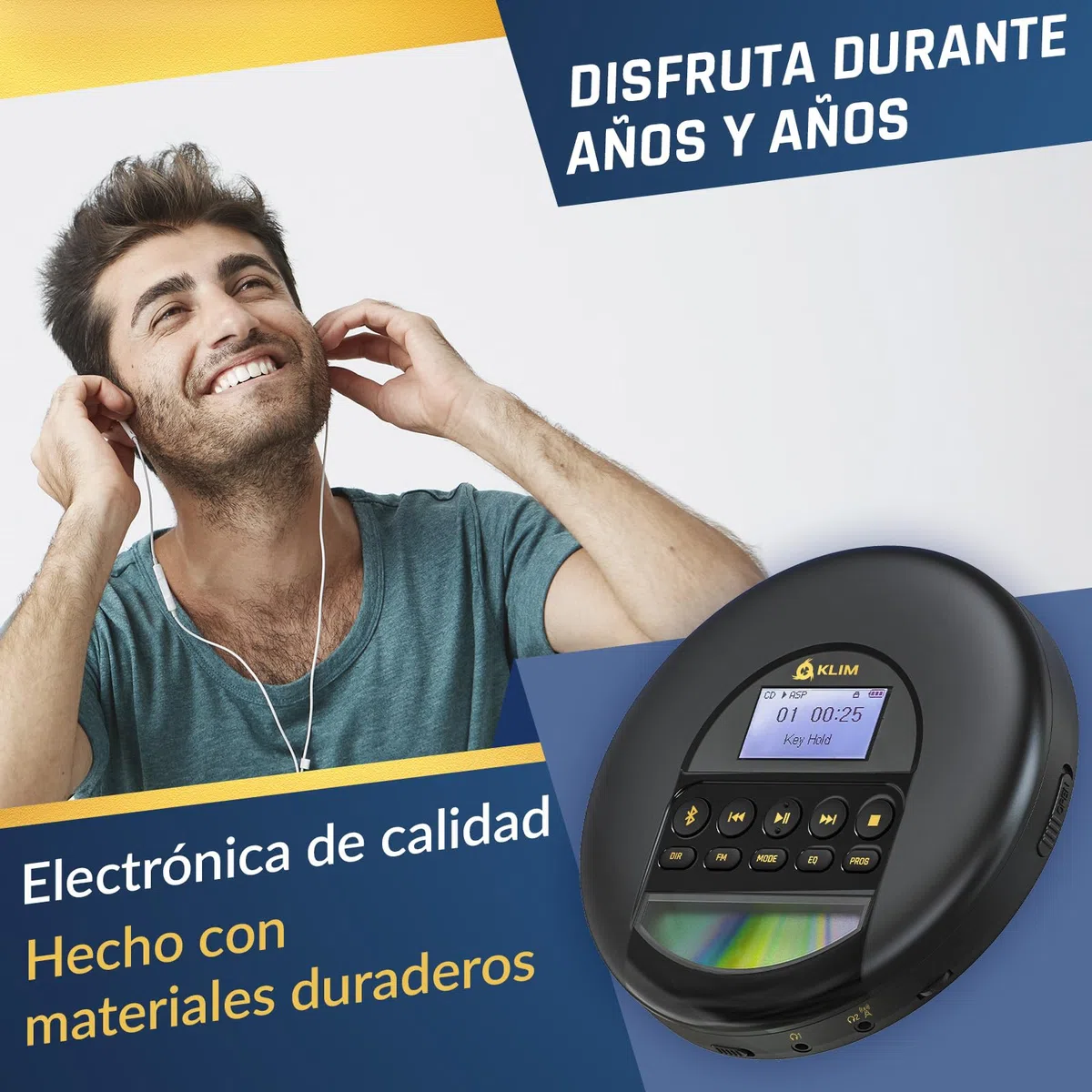 KLIM Nomad - Reproductor CD portatil con batería Interna de Larga duración - Nuevo - Auriculares KLIM Fusion - CD Player Mini Compacto - Radio FM Compatible con CD-R, CD-RW MP3 - Oro