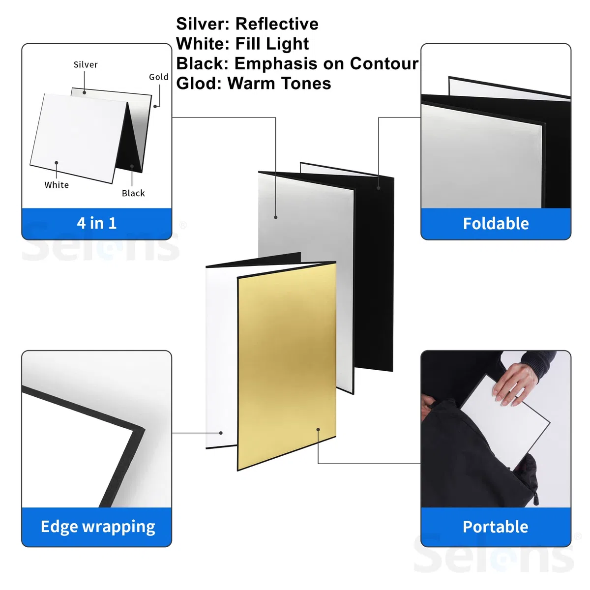 Selens Reflector de luz 4 en 1, difusor de cartón, fotografía, 42 x 29,7 cm, tablero plegable para el producto, accesorios de alimentos, joyería, fotografía, plata/blanco/oro/negro, A3