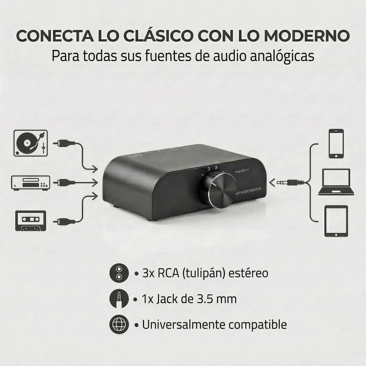 Nedis Interruptor de Audio analógico, Puerto de 4 Puertos, Conexiones, Entrada: 1 Entrada de Audio de 3,5 mm / 3 x (2 Conectores RCA Hembra), Conexiones, Salida: 1 x (2 Conectores RCA) | Manual |