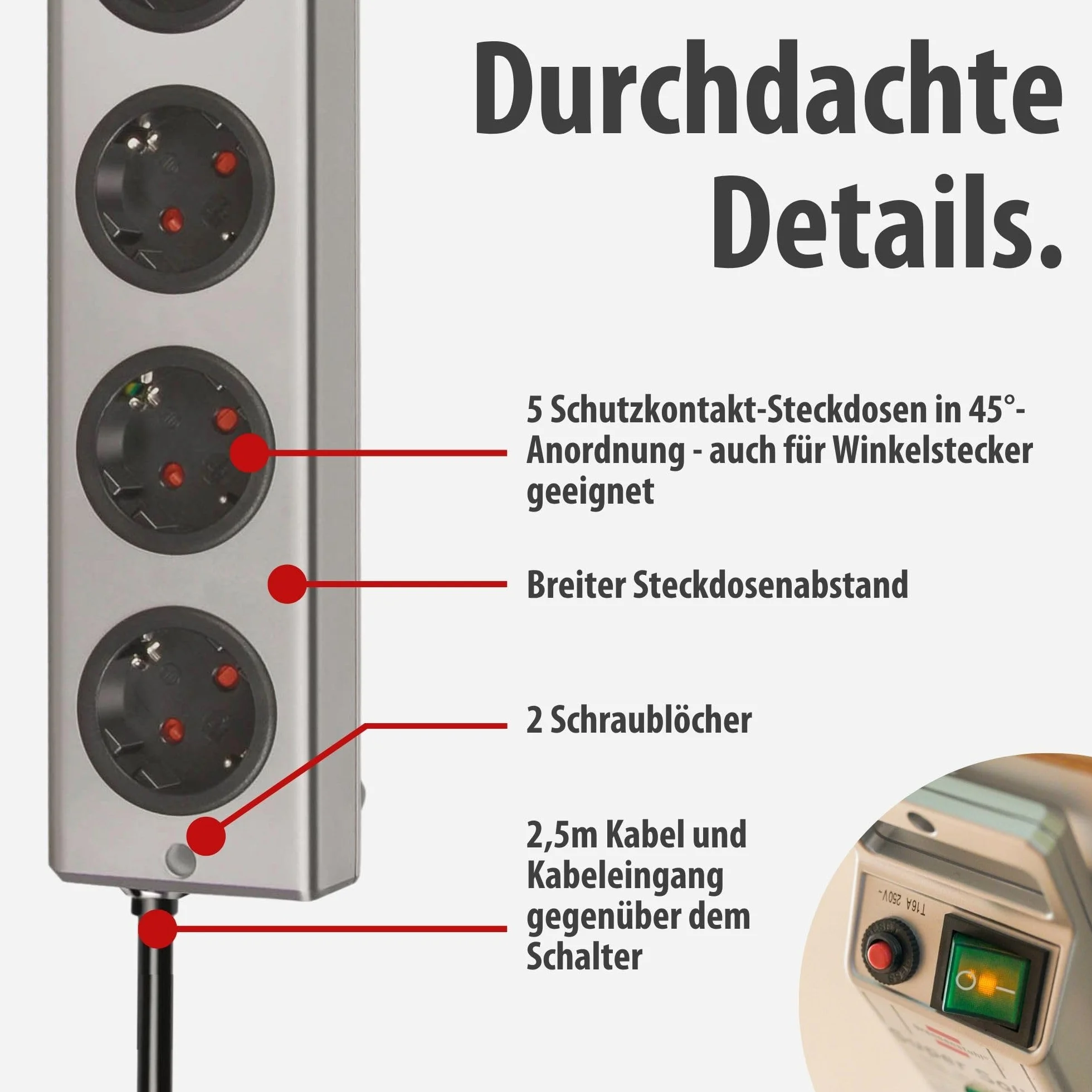 Brennenstuhl Super-Solid regleta de 5 enchufes con protección contra sobretensiones (regleta eléctrica con Cable de 2,5m e Interruptor - de policarbonato Resistente a la Rotura) Plata
