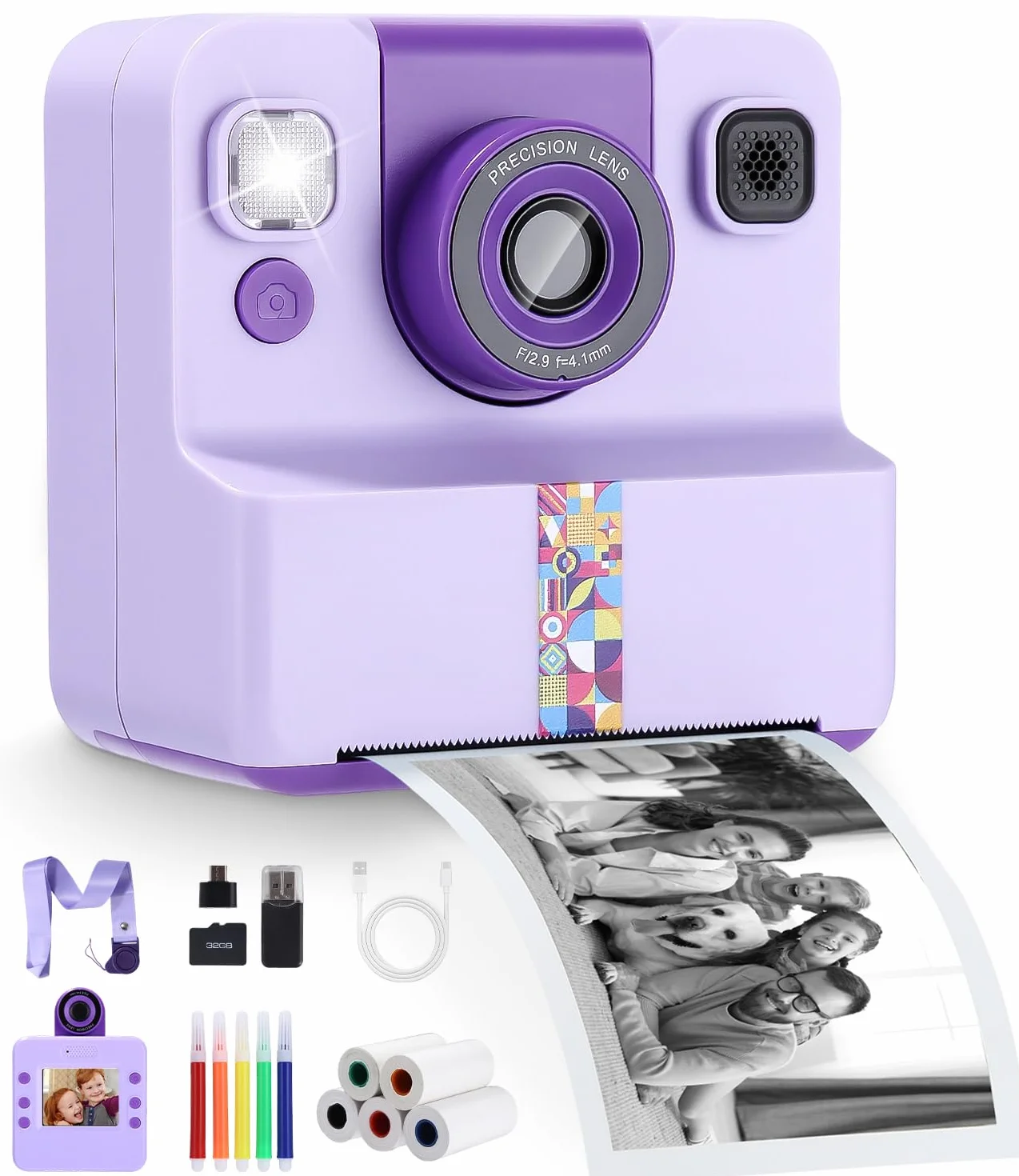 Cámara instantánea para niños, 1080P HD, cámara instantánea con impresión instantánea, tarjeta SD de 32 GB y 5 rollos de papel fotográfico, regalo para niñas y niños a partir de 3 – 12 años