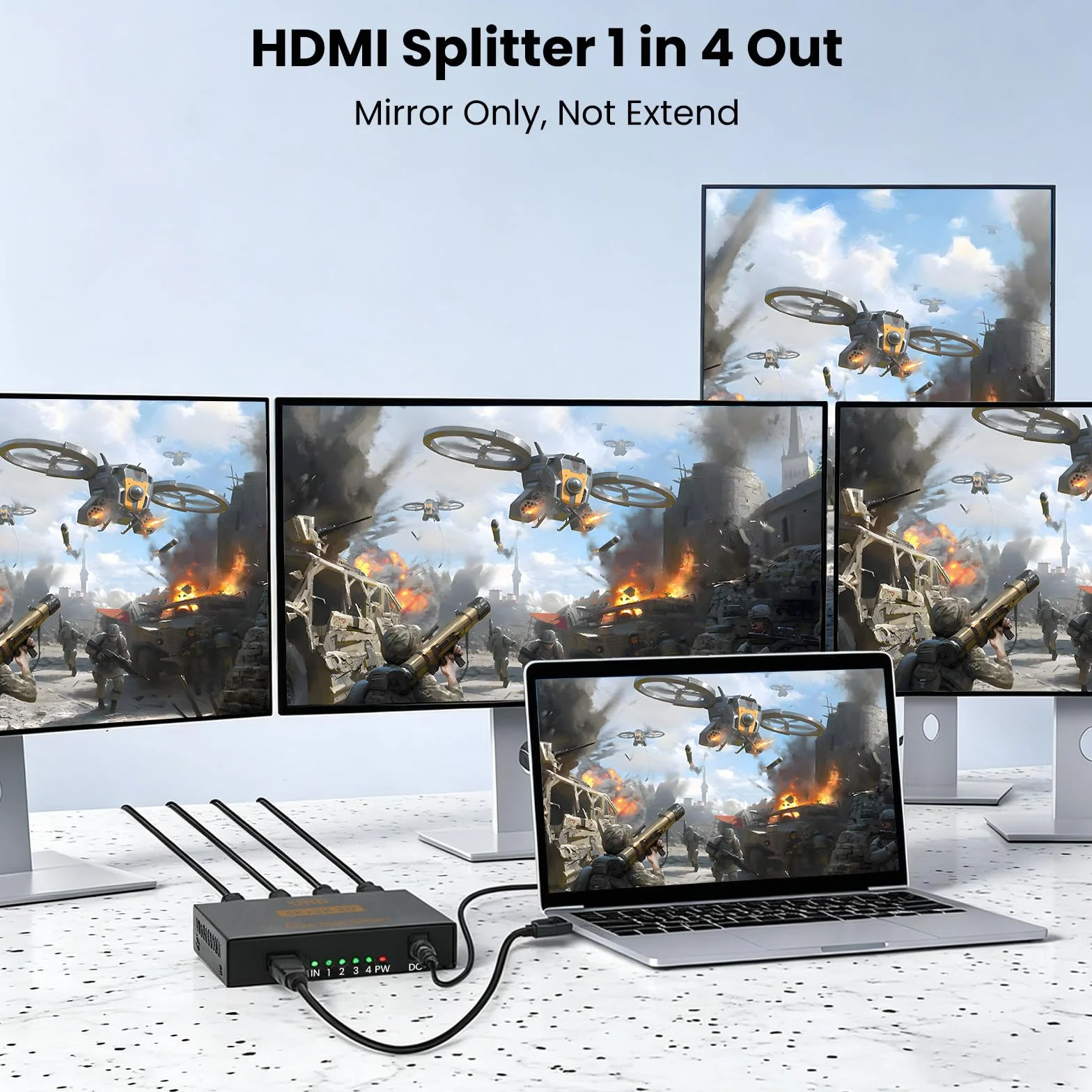 HDMI 4K Splitter HDMI Splitter 1 Entrada 4 Salidas V1.4 Powered 1x4 Puertos Caja Soporta 3D HDCP Duplicar/Espejo 4 Pantalla para Box PS4 PS3 BLU-Ray HDTV STB DVD Proyector