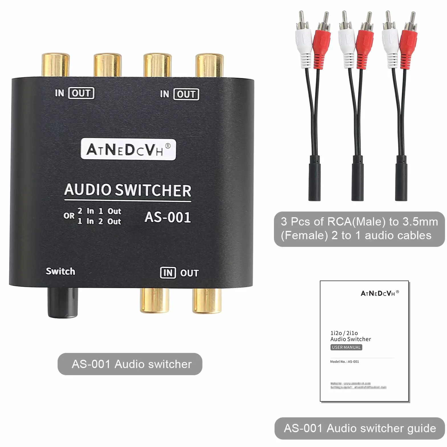 1 entrada 2 salidas / 2 entradas 1 salida Conmutador de audio bidireccional compatible con puerto RCA, estéreo de 2 vías L/R Canal de sonido Altavoz Auriculares Selector de interruptor de