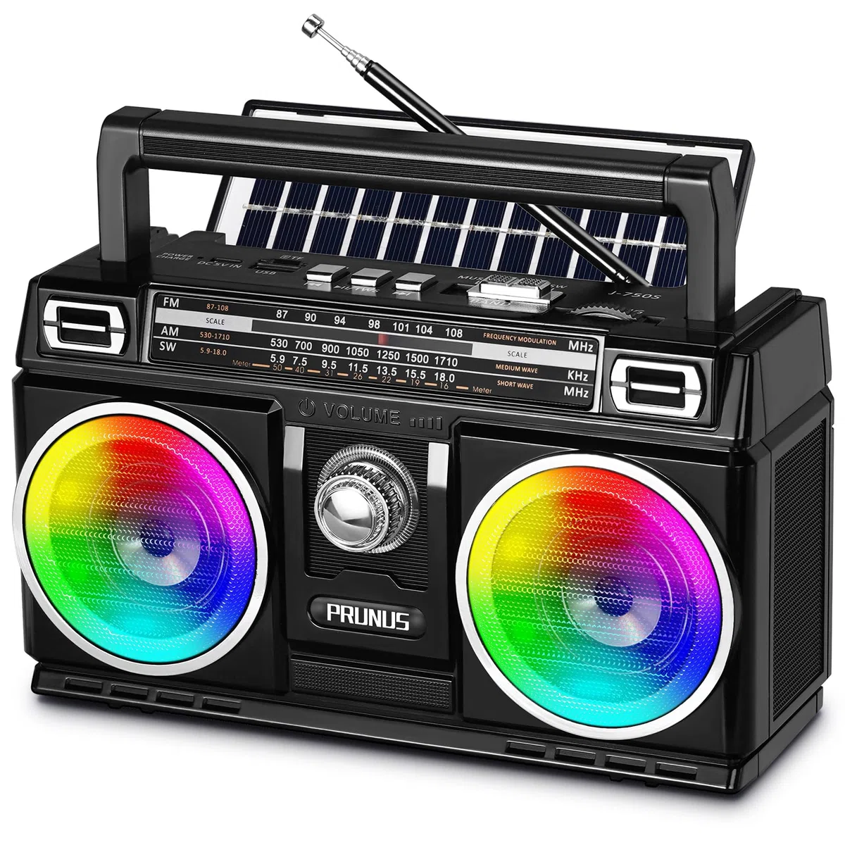 PRUNUS J-750 Transistor Radio FM/Am/SW, Radio Portatil Recargable por Energía Solar/USB-C, Batería 1800mAh, Radio Vintage con Luz de Colores, Radio Bluetooth Soporta USB/TF, para Cocina/Salón/Jardín.