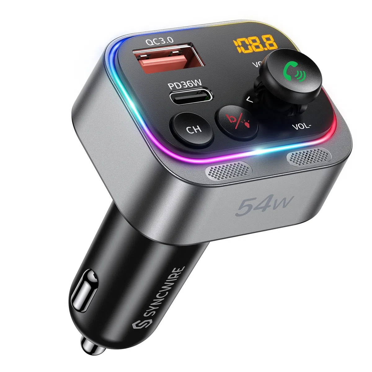 Syncwire Transmisor FM Bluetooth 5.4 54W PD&QC3.0 Cargador de Coche USB C [Micrófonos Duales & Sonido de Bajos HiFi] [Carga Rápida] [Interruptor de Luz] Receptor de Radio Llamadas Manos Libres
