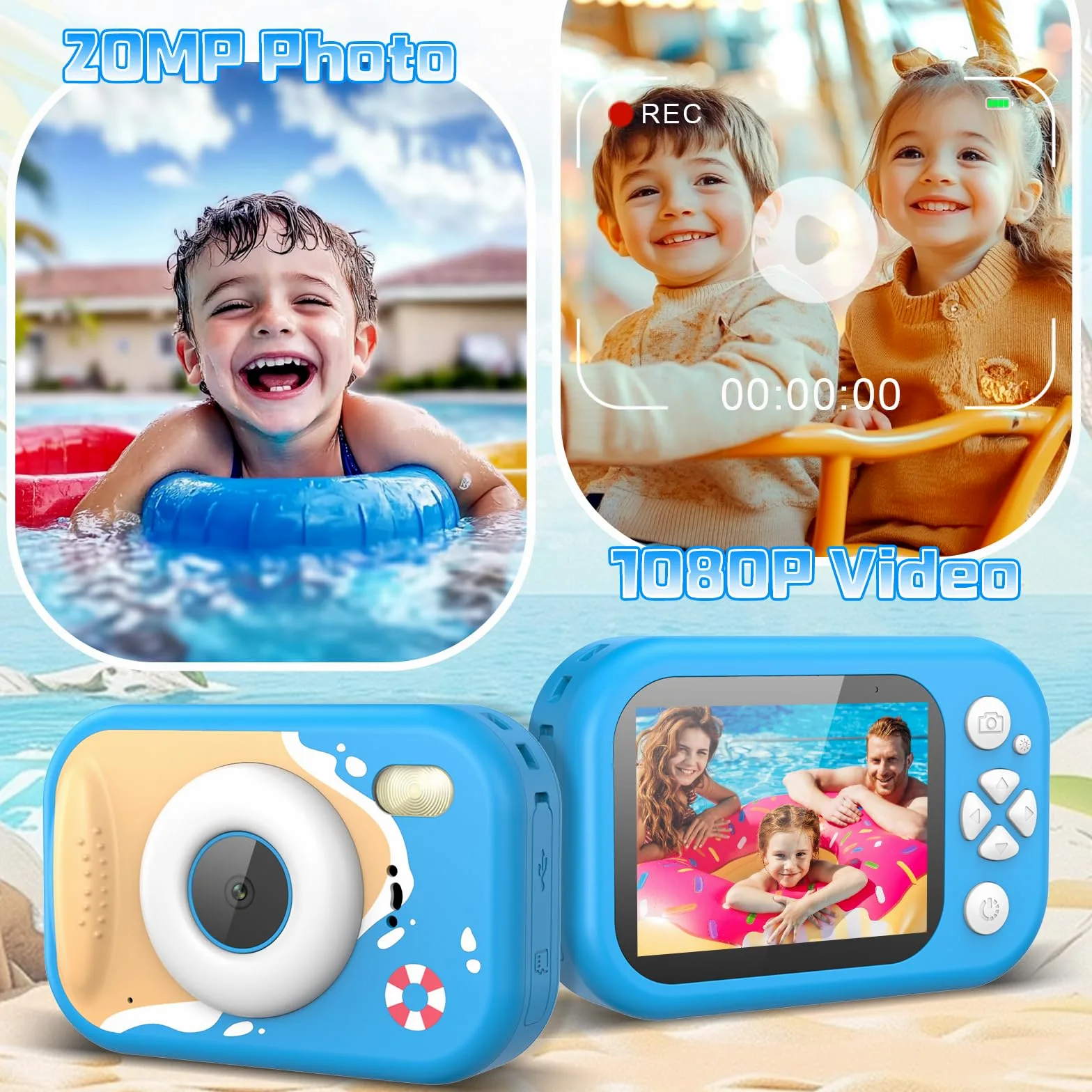 Cámara Subacuática Infantil 20MP - Resistente al Agua 3m, 1080p HD, Pantalla 2.4" + SD 32GB | Ideal para Selfies, Natación y Playas (Rosa)