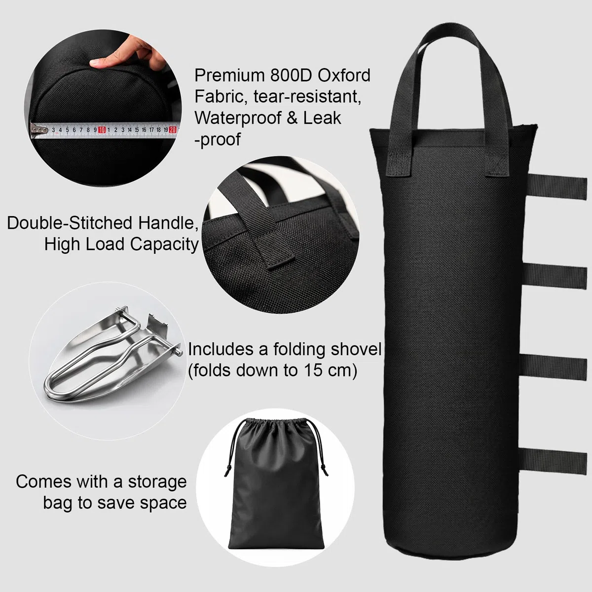 8 Piezas Pesas para Pabellón, Bolsas de Arena de Tela Oxford 800D 20x50cm para Lastrar con Pala y Bolsa de Almacenamiento, Bolsa de Arena Reforzada para Tienda, Camping y Fotografía, Negro