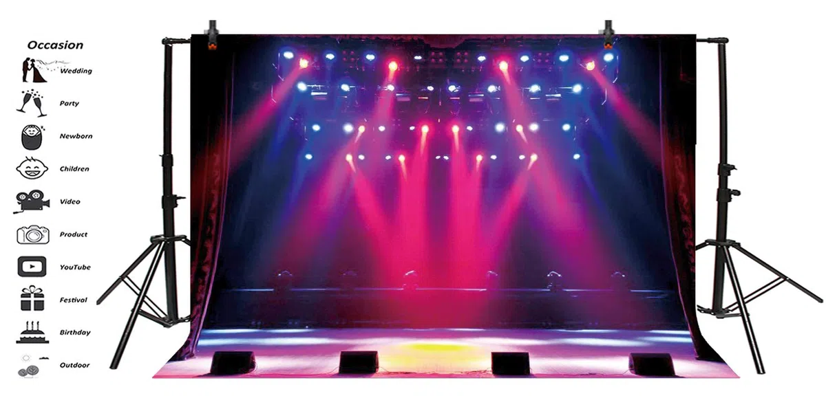 2,2x1.5m Concierto en el Escenario Fondo Purpurina Escenario Colorido Fondo de Fotografía Spotlight Concierto de música en Vivo Mostrar telón de Fondo Decoración para Fiestas Infantiles