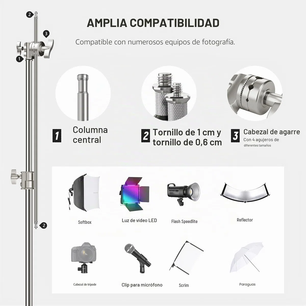 NEEWER Soporte C de Acero Inoxidable de 3,2m con Brazo de Pértigaa, Varilla Central más Gruesa, Carga Máxima 20kg, Fotografía Luz Soporte con Brazo de 1,27m para Monolight Softbox, SC320Q
