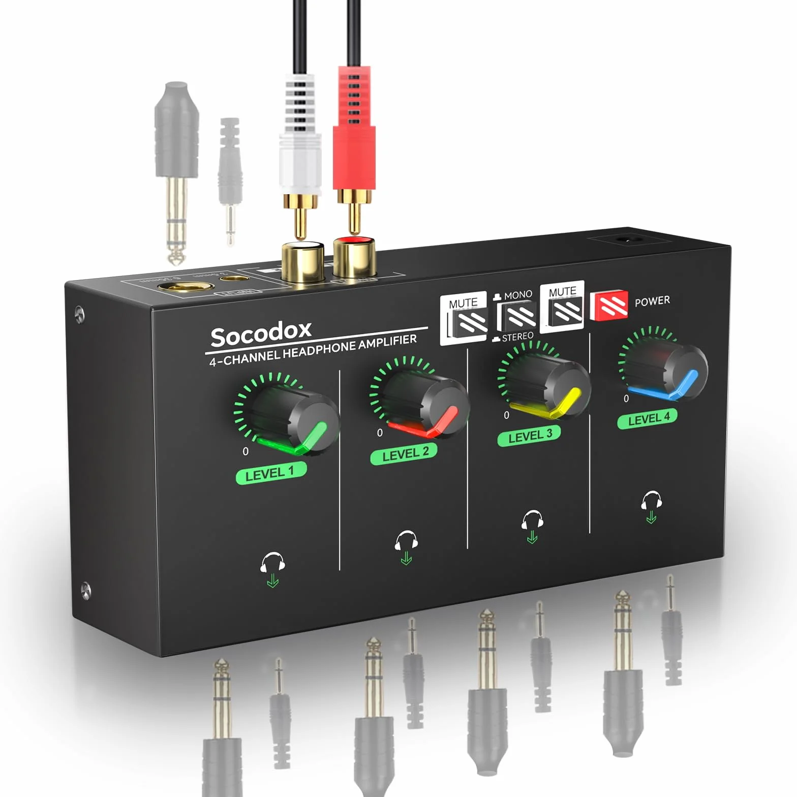 Amplificador de Auriculares de 4 Canales con Jacks de 3,5 mm/6,35 mm/RCA, Divisor de Auriculares de Metal con 8 Puertos de Salida para Auriculares, Compacto con Interruptor estéreo y luz RGB