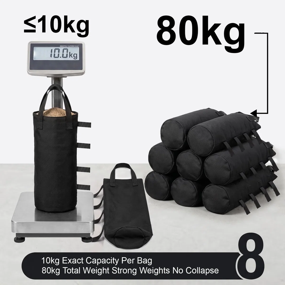 8 Piezas Pesas para Pabellón, Bolsas de Arena de Tela Oxford 800D 20x50cm para Lastrar con Pala y Bolsa de Almacenamiento, Bolsa de Arena Reforzada para Tienda, Camping y Fotografía, Negro