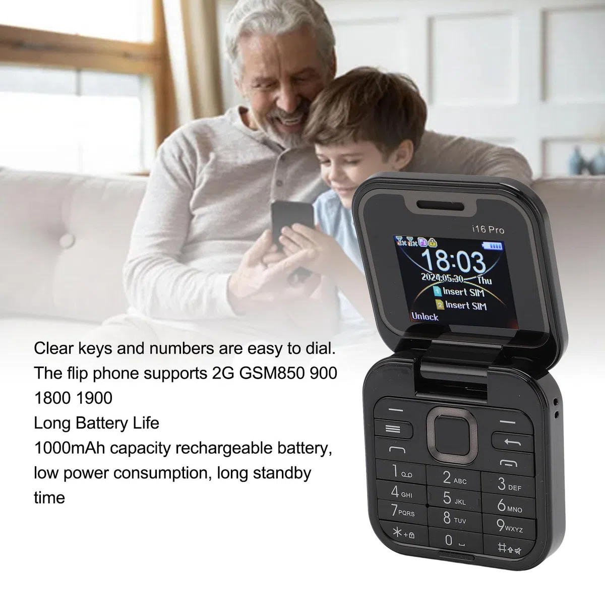 ASHATA Mini Teléfono Móvil Plegable 2G, Soporte Dual SIM, Radio FM, Bloqueo de Llamadas, Vibración, Marcación Rápida, 32 MB RAM
