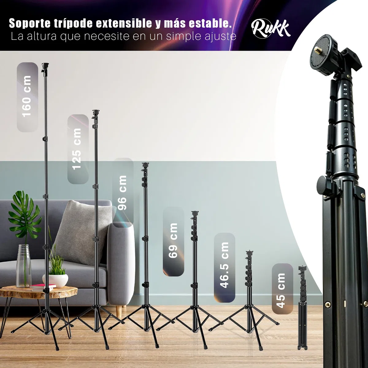RUKK Aro de Luz con Trípode Extensible 160cm - Anillo de Luz LED 10” para Móvil (3 Modos, 10 Brillos) con Control Remoto Bluetooth - Ring Light Profesional para TikTok, Maquillaje y Youtube