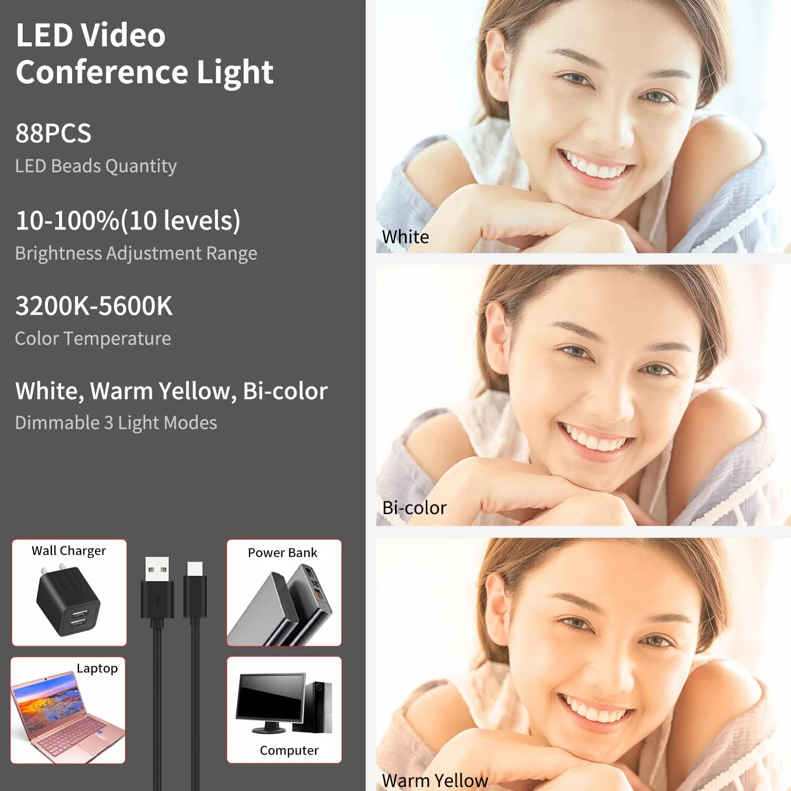 Newmowa Selfie Light, Clip Recargable en la luz del teléfono con Sensor de luz Inteligente para teléfono/portátil/Tableta/cámara, 3 Modos para TikTok/Maquillaje/Selfie/videoconferencia