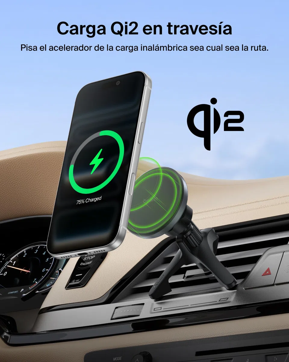 Belkin Cargador Coche Carga Rápida con Soportes para Rejilla de Ventilación y Salpicadero, Cable USB-C, Cargador Magnético Inalámbrico Qi2, MagSafe, iPhone 17, Pixelsnap y Galaxy S25 - Negro