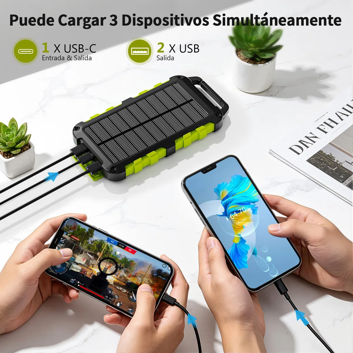 Cargador Solar 10000mAh Power Bank Solar, Bateria Externa con Carga Rápida 22,5 W Impermeable IPX4 2 Puertos USB + Linterna LED Compatible con Smartphones Tablets Camping y Emergencias Verde