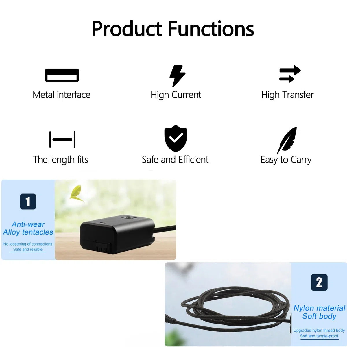 Cable de alimentación trenzado PD USB-C a NP-FW50 batería simulada AC-PW20 DC Acoplamiento para Sony Alpha A5100 A6500 A6400 A6000 A55 A7