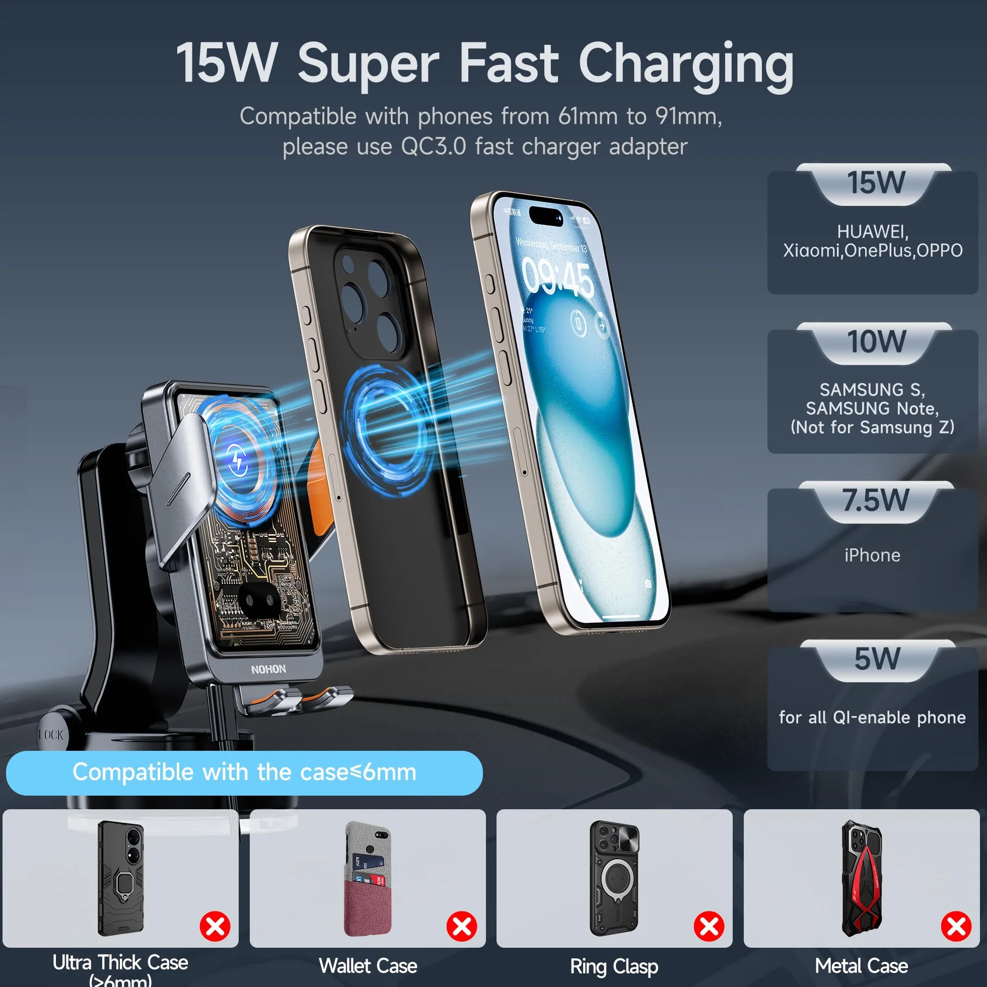 NOHON Qi Cargador Inalambrico Coche：15W Soporte Movil Coche Cargador Sujeción Automático, Soporte Cargador Movil Coche Carga Rápida con Ventosa/Clip de Ventilación para iPhone/Samsung/Xiaomi/OPPO