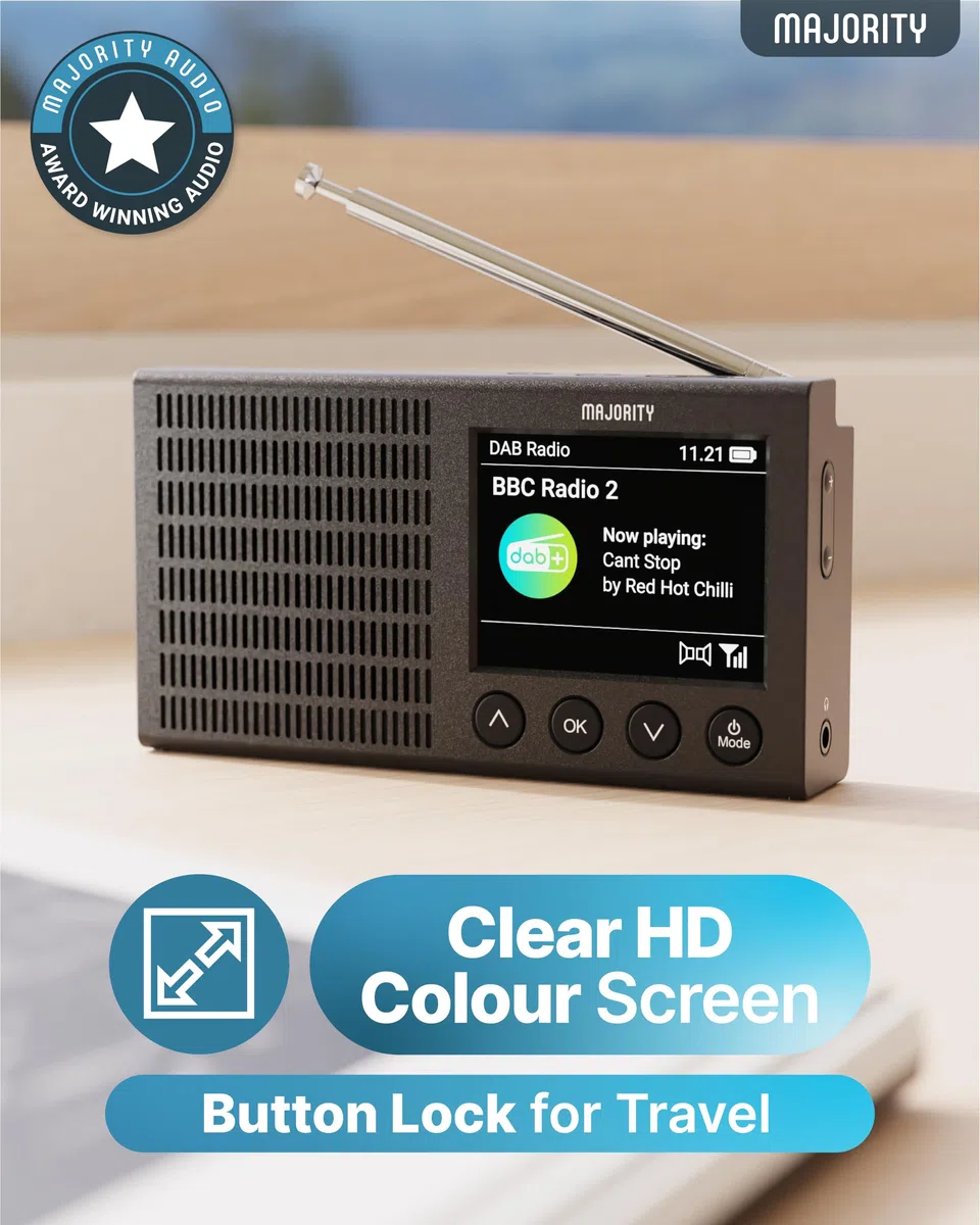 Radio Dab Plus Pequeña, Bluetooth Recargable Digitaradio, LCD, 40+ Presets, Reloj Despertador Doble, Radio Dab Plus, Digital, FM | MAJORITY Eddington Pequeña Radio