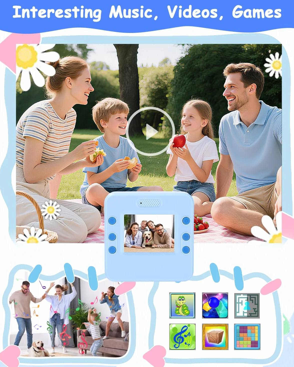 Cámara instantánea para niños, 1080P HD, cámara instantánea con impresión instantánea, tarjeta SD de 32 GB y 5 rollos de papel fotográfico, regalo para niñas y niños a partir de 3 – 12 años