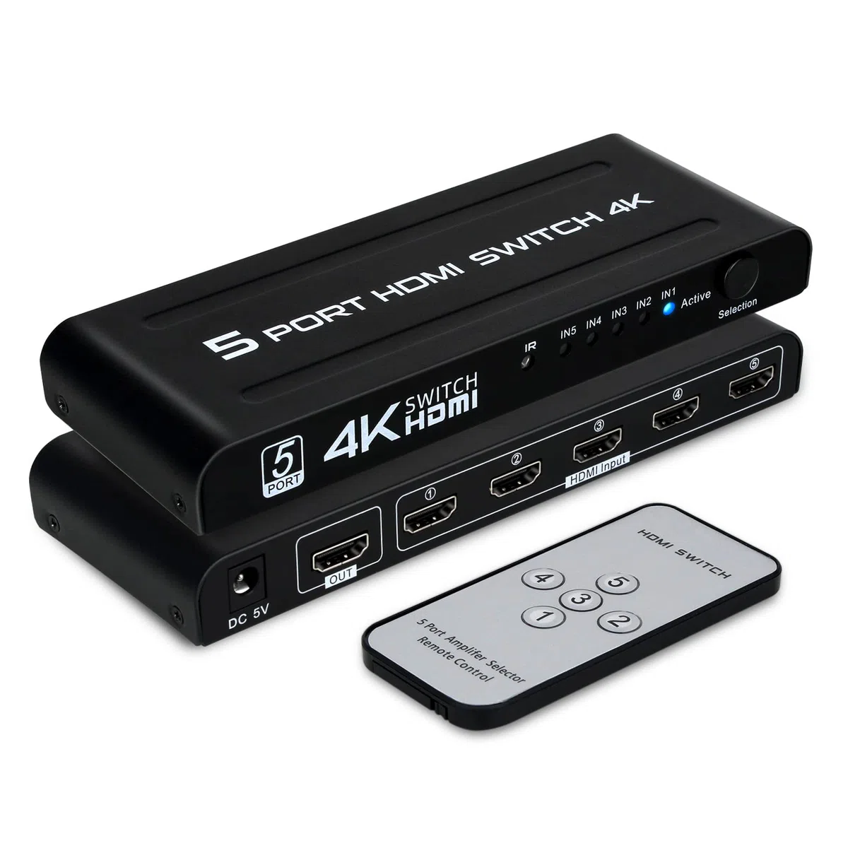 Switch HDMI 5 Entradas 1 Salida, 4K Conmutador HDMI Automatico con Alimentación y Mando a Distancia para HDTV DVD Xbox PS3 PS4 BLU-Ray Proyector