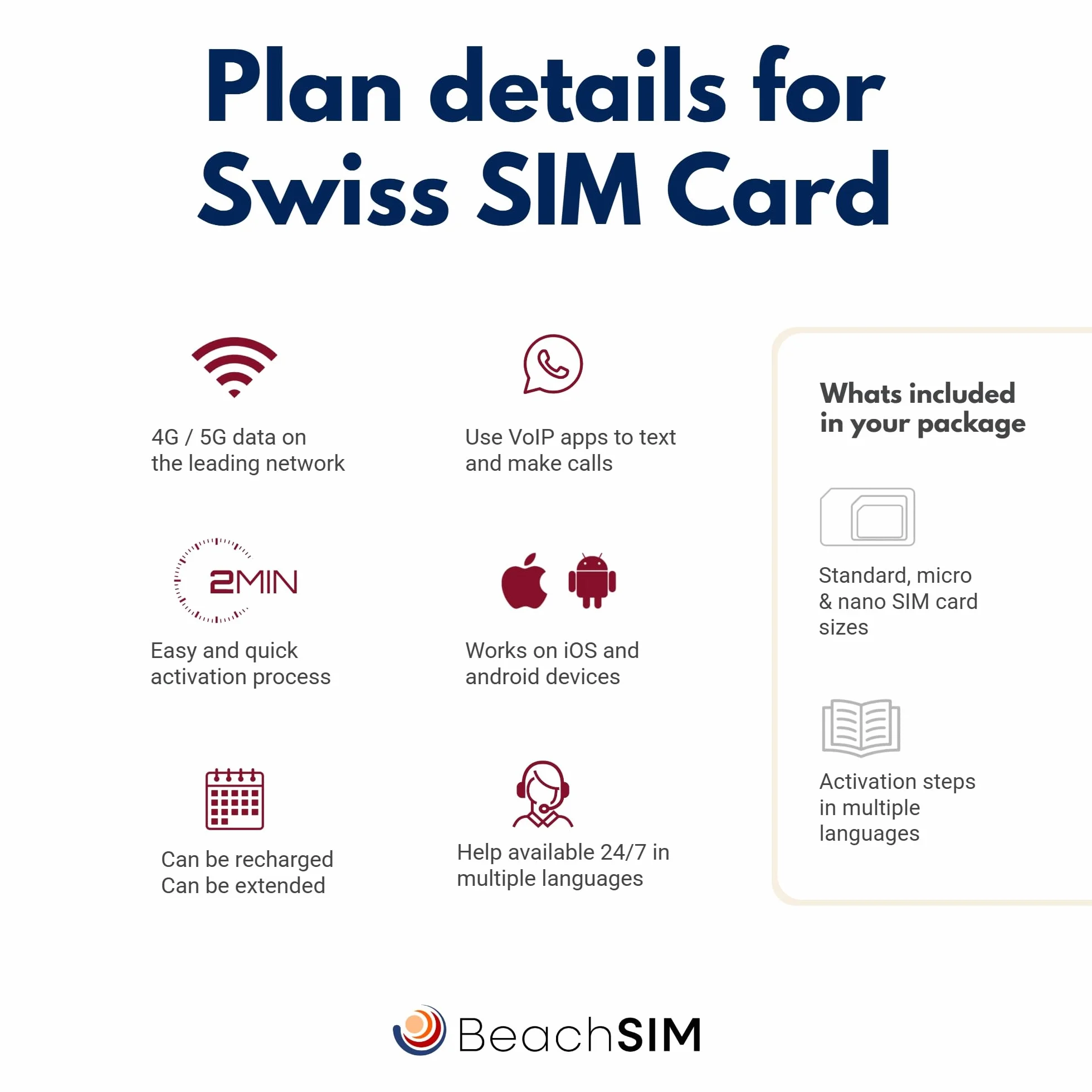 Tarjeta SIM Suiza 30 días. 10GB de Datos con Velocidad 4G/5G. Solo Datos prepagados. Activación rápida. Recarga fácil.