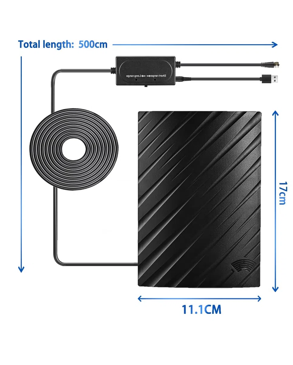 Vecys Antena de TV para Smart TV Antena de Digital Interior de 25dBi con Amplificador USB Antena DVB-T2 Doméstica de 500 Millas Soporte de Cable Coaxial RG174 5m/16.4ft Compatible con 4K 720p 1080p