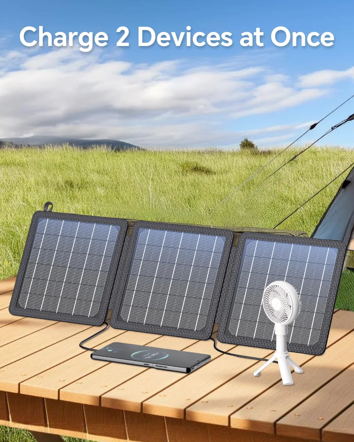 Panel Solar Portatil 15W, Cargador Solar de con Salida USB-C/USB Compatible con Teléfonos y Tabletas, Eficiencia de Conversión del 24%, Impermeable IPX4 para Camping y Emergencia Apagones