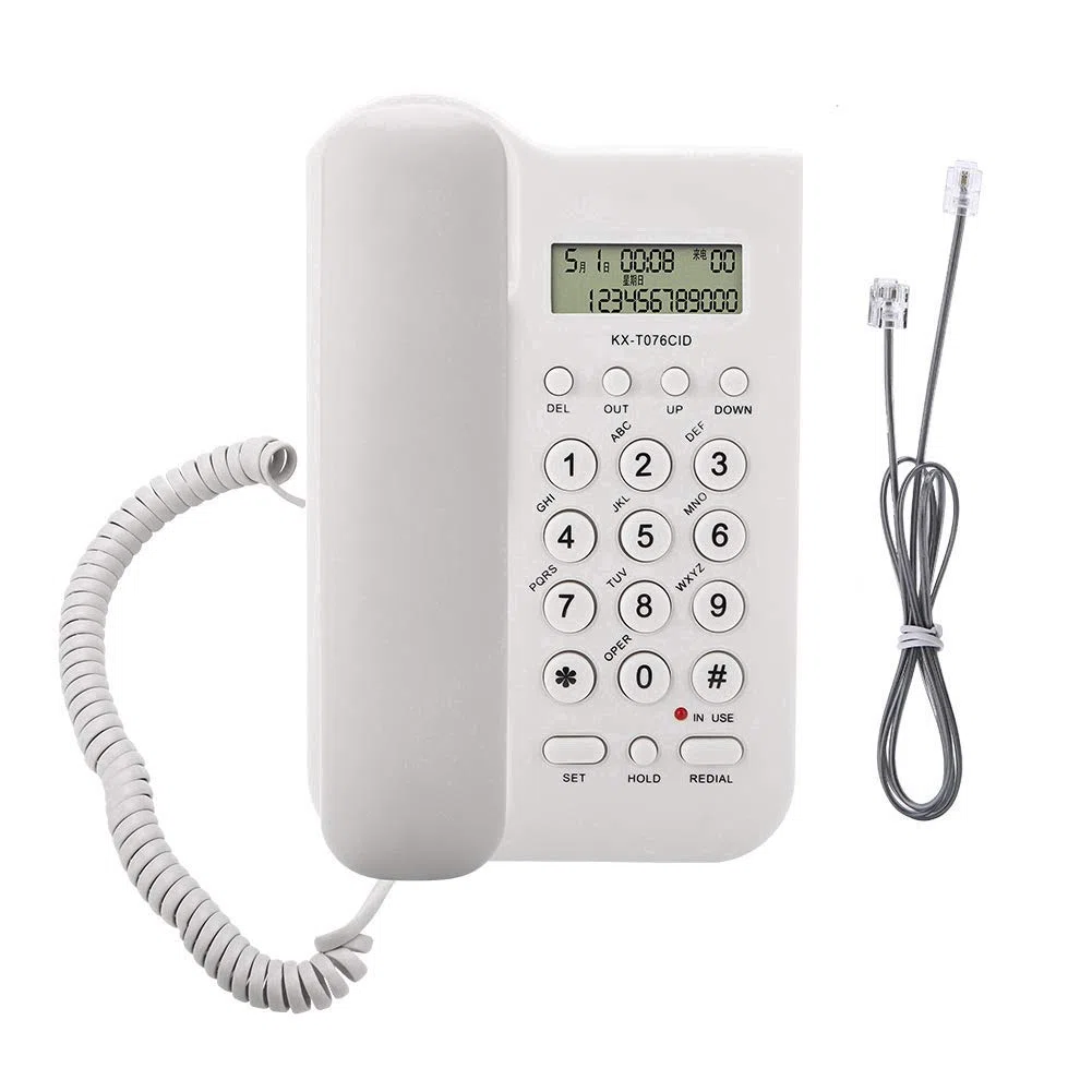 Teléfono de Pared y Escritorio con Cable - FSK/DTMF para Hotel y Casa - con Pantalla de Llamadas (Blanco)