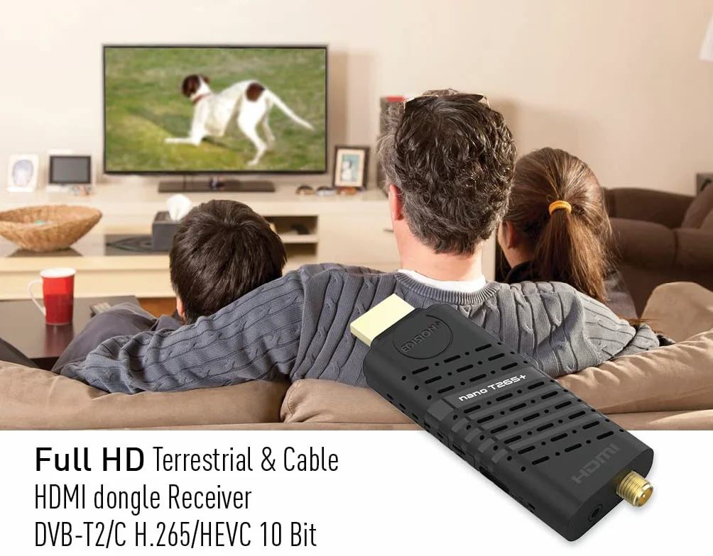 EDISION Nano T265+ Receptor dongle HDMI Terrestre TDT DVB-T2 y por Cable DVB-C, H265 HEVC, FTA, Full HD, PVR, USB, HDMI, Sensor IR, Soporte USB WiFi, Mando a Distancia Universal 2en1
