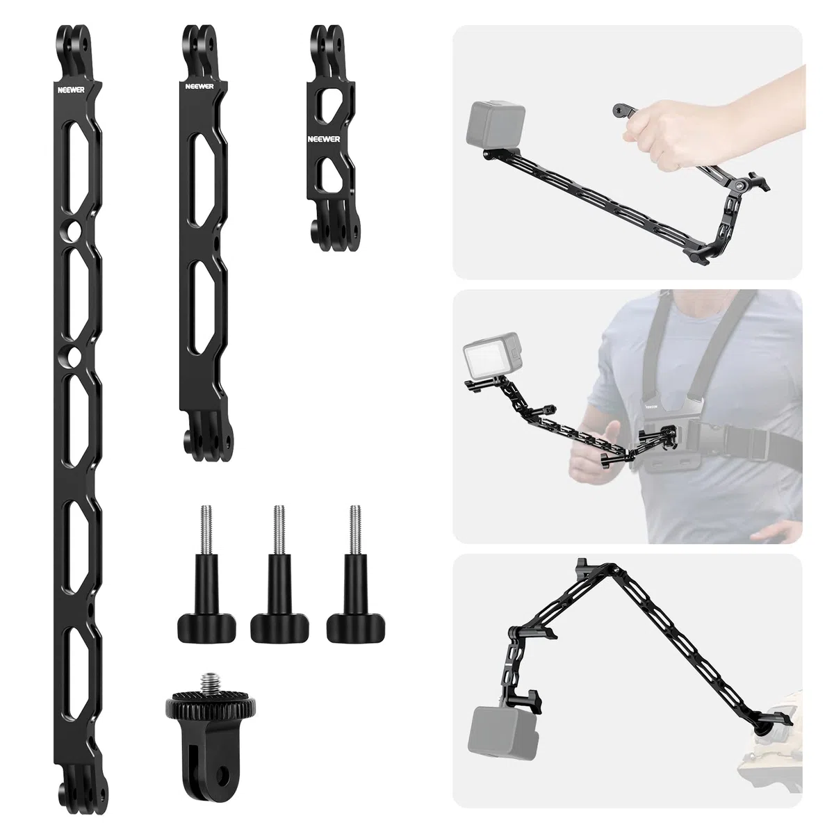 NEEWER Brazo Extensión Aleación Aluminio (11,8"/6,5"/3,3") para Cámara Acción con 3 Thumbscrews y 1/4" Tornillo Adaptador Compatible con GoPro Hero 13 12 11 10 dji Osmo Action 5 Pro Insta360, GP-11