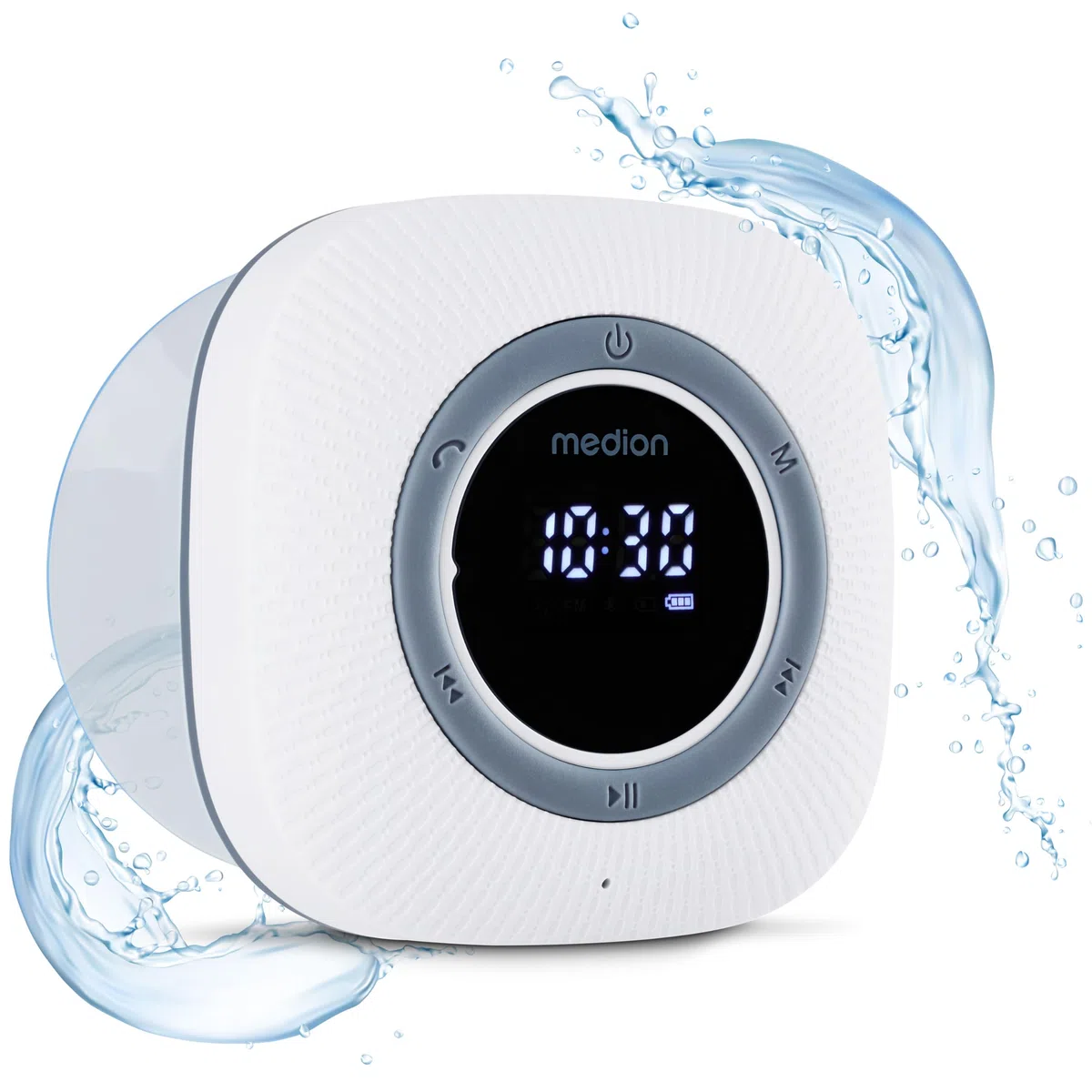MEDION P66096 Radio de Ducha con Bluetooth (Radio de baño, Radio FM, Ventosa, Pantalla LED, Impermeable IPX6, batería Recargable integrada, MD43884) Blanco