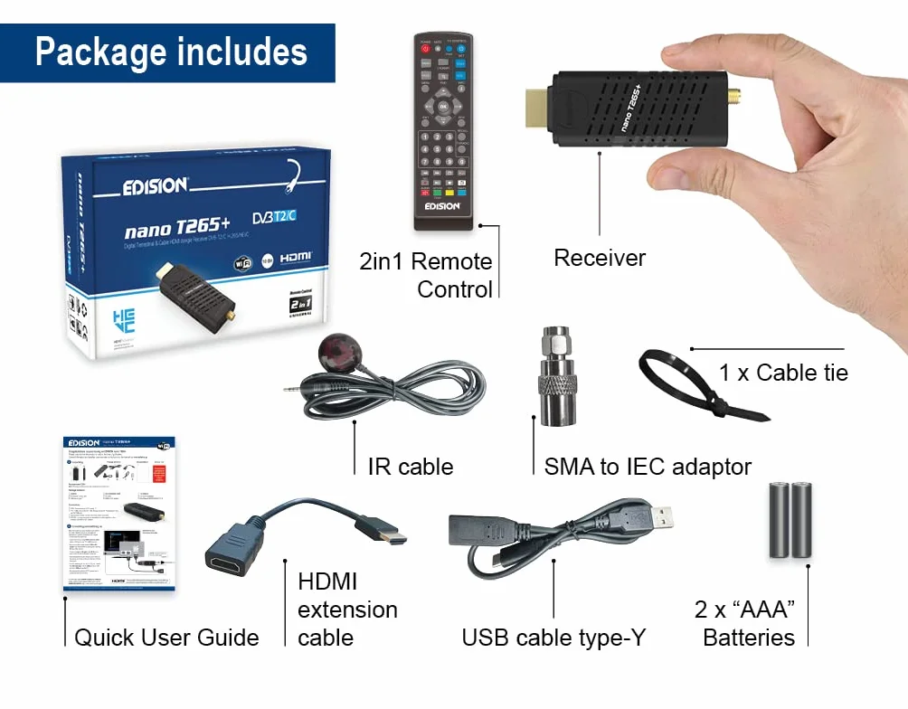 EDISION Nano T265+ Receptor dongle HDMI Terrestre TDT DVB-T2 y por Cable DVB-C, H265 HEVC, FTA, Full HD, PVR, USB, HDMI, Sensor IR, Soporte USB WiFi, Mando a Distancia Universal 2en1