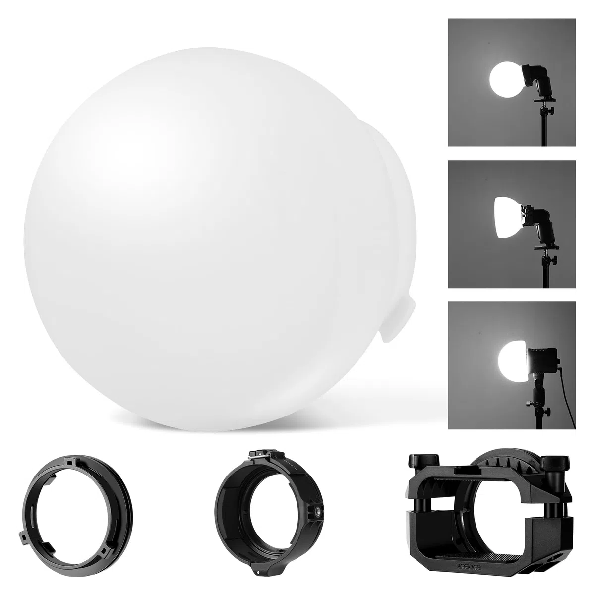 NEEWER CRS6 Diffusion Dome con 3 Anillos Adaptadores, Compatible con Godox V1 Z1 Z2 Flash de Cabeza Redonda y Speedlite Cuadrado Z760, Mount Difusor para Luz de Video MS60B MS60C MS150B