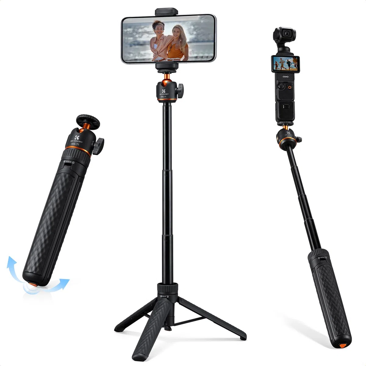 K&F CONCEPT MS71 Palo Selfie 65CM, Mini Trípode Abre con Un Solo Clic, Trípode para Móvil con Rótula Esférica y Zapata Fría Compatible con dji Osmo Pocket 4/3, Action 5 y GoPro 13/12