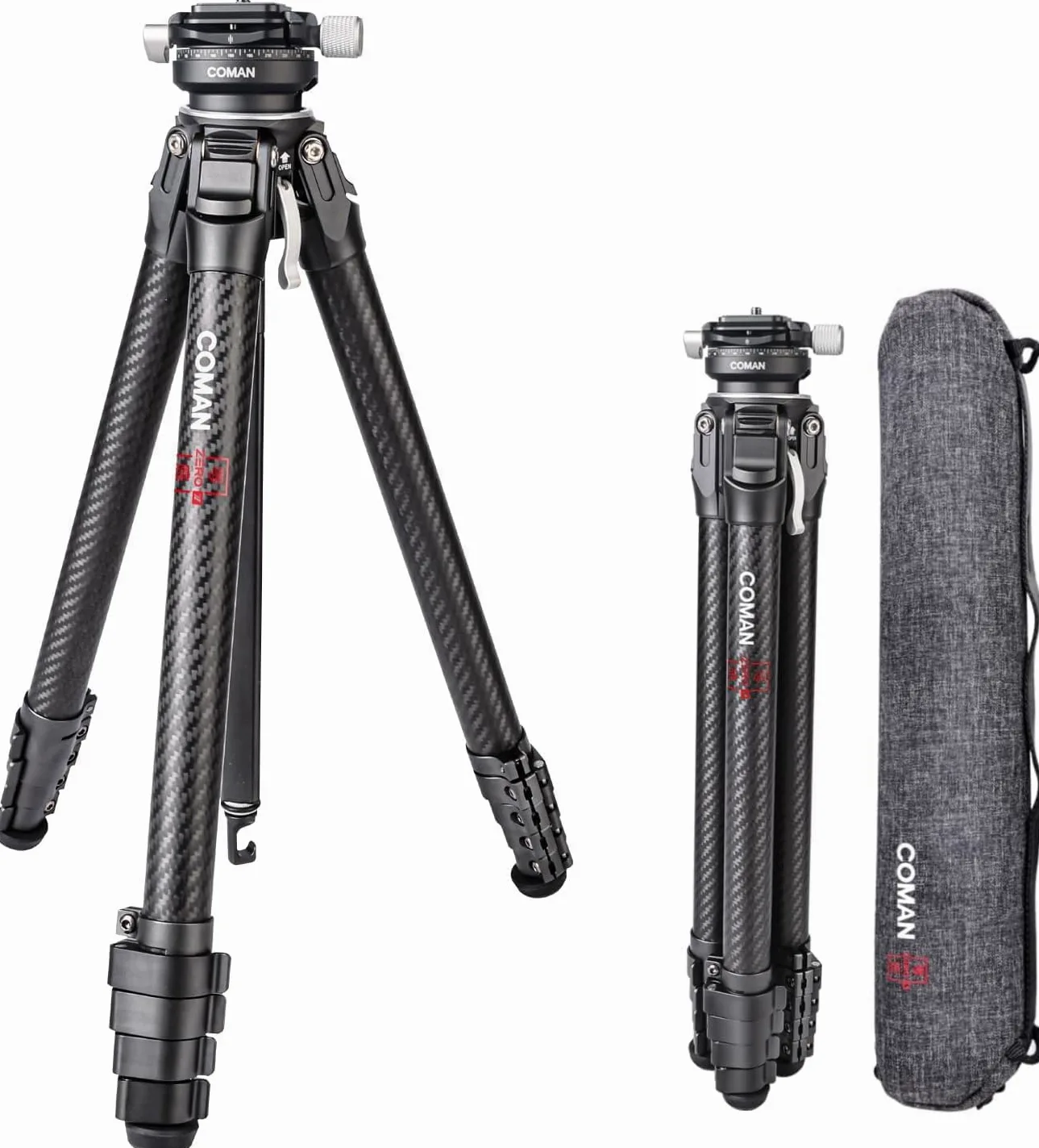COMAN Zero Y Trípode de cámara Tripod Carbon Fibre con Cabeza esférica panorámica de 360° y trípode de vídeo Arca Swiss para Todas Las cámaras DSRL, Columna Central cargable hasta 18kg