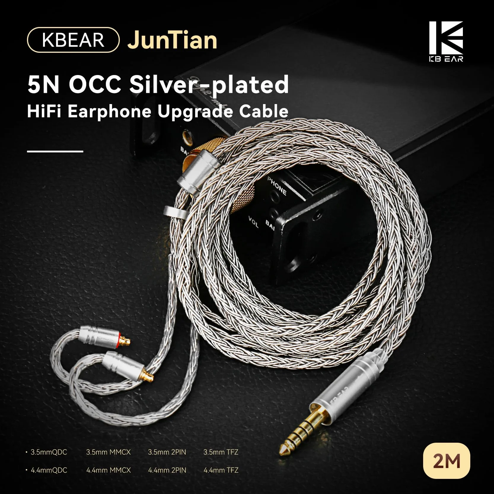 KBEAR JunTian IEM - Cable de auriculares intraurales de 2 m de largo, 16 núcleos 5N OCC chapados en plata, cables de extensión de auriculares para kz zs10 Pro, Tangzu wan'er, audiófilos y bateristas
