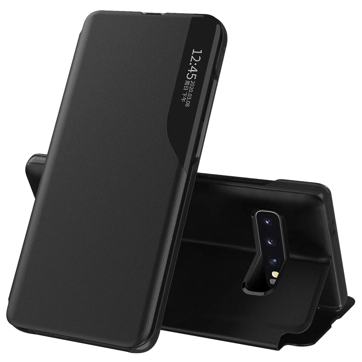 Carcasa para Samsung Galaxy S10 Plus de piel magnética Clear View Funda con tapa para Galaxy S10 Plus, carcasa 360 antigolpes, antiarañazos, función atril para Samsung S10 Plus, color negro