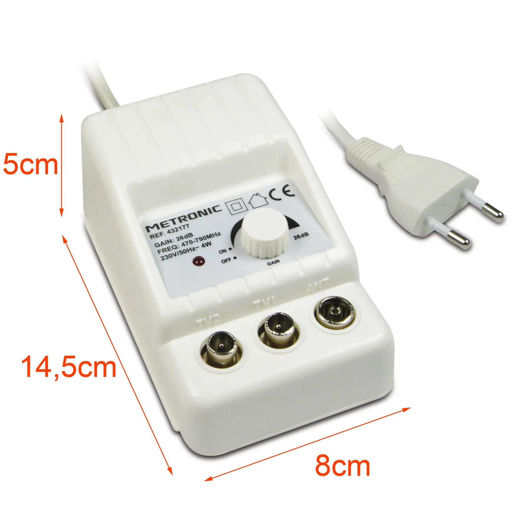 Metronic - 332177, amplificador de antena de TV interior para canales de TDT, compatible con 4G/5G, 26 dB, 2 salidas con toma de TV de 9,52 mm, blanco